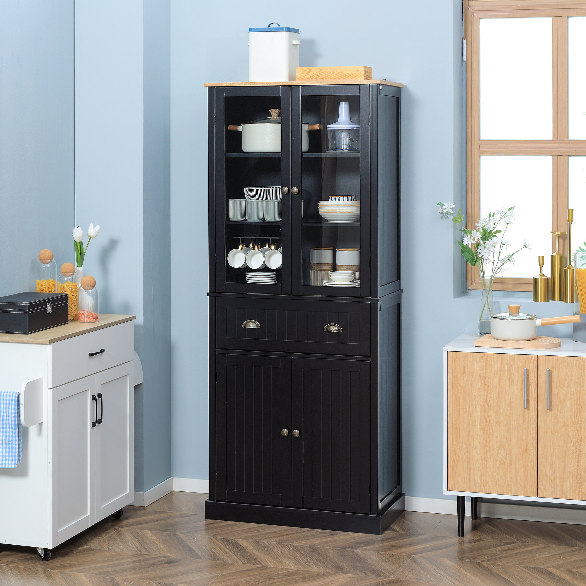 Armoire de cuisine buffet haut 4 portes grand tiroir coulissant dim. 76L x 40l x 182H cm panneaux noir verre