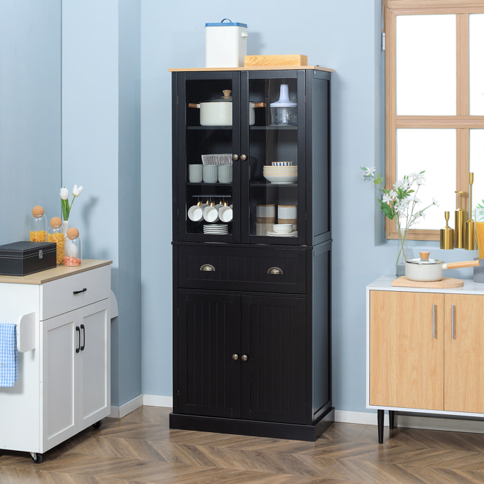 Armoire de cuisine buffet haut 4 portes grand tiroir coulissant dim. 76L x 40l x 182H cm panneaux noir verre