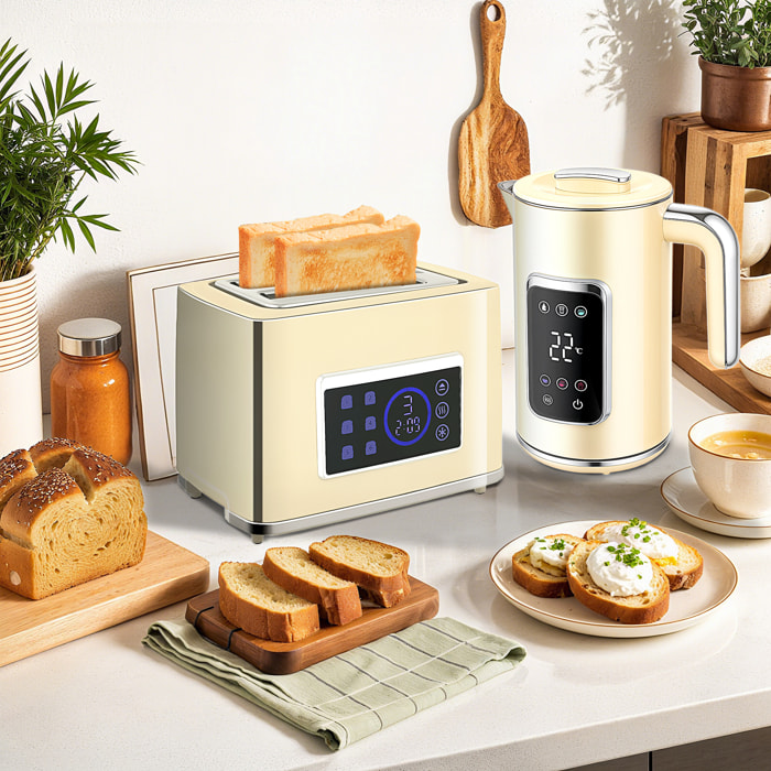 Set Desayuno con Pantalla LED Táctil, Hervidor de Agua 1,7L 2200W, Función Mantener Caliente, Tostadora Pan Ranura Ancha 2 Rebanadas, 6 Niveles Tostado, Crema