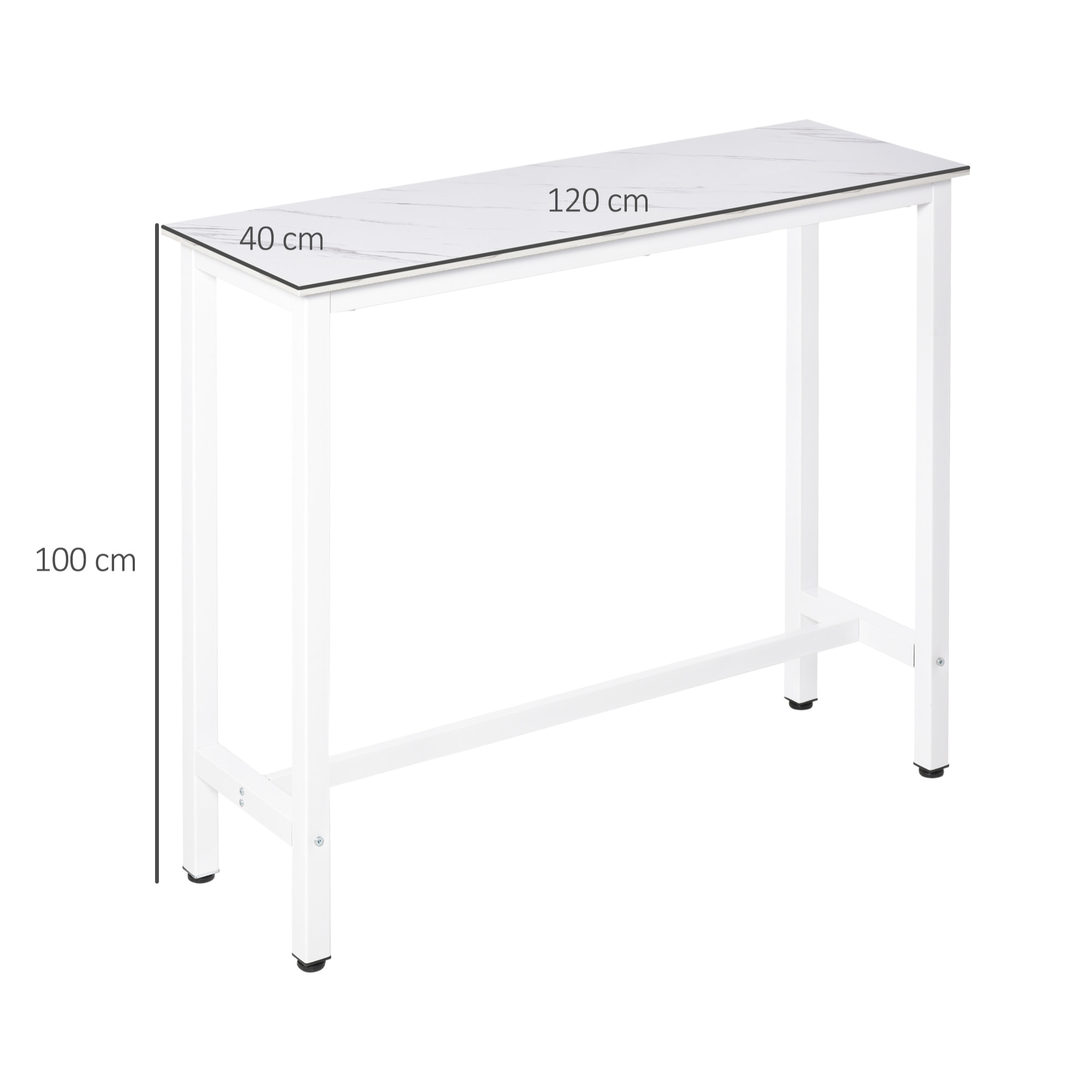 Table de bar - table haute de cuisine - dim. 120 x 40 x 100 cm - aspect marbre blanc acier blanc
