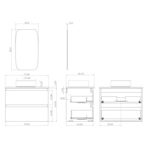 Conjunto de baño IRONA 2C TOP, 70cm, incluye lavabo y espejo