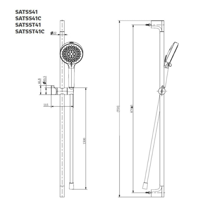 Set de douche rond - 4 fonctions - débit 11,28 l/min - garantie 5 ans - noir mat