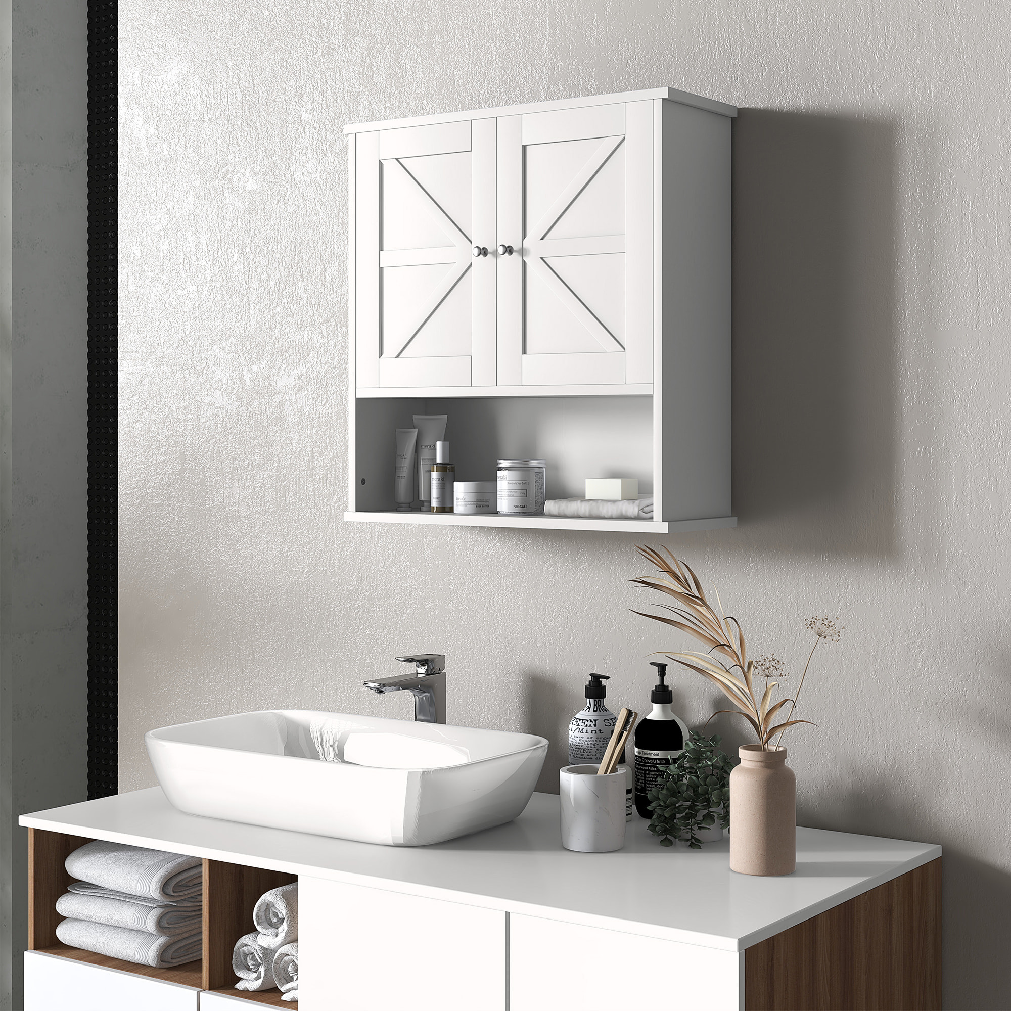 Armario de Baño de Pared, Mueble de Baño Colgar Rústico con Compartimento, Estante Ajustable, 2 Puertas, para Cocina, Lavadero, sobre el Inodoro, Blanco