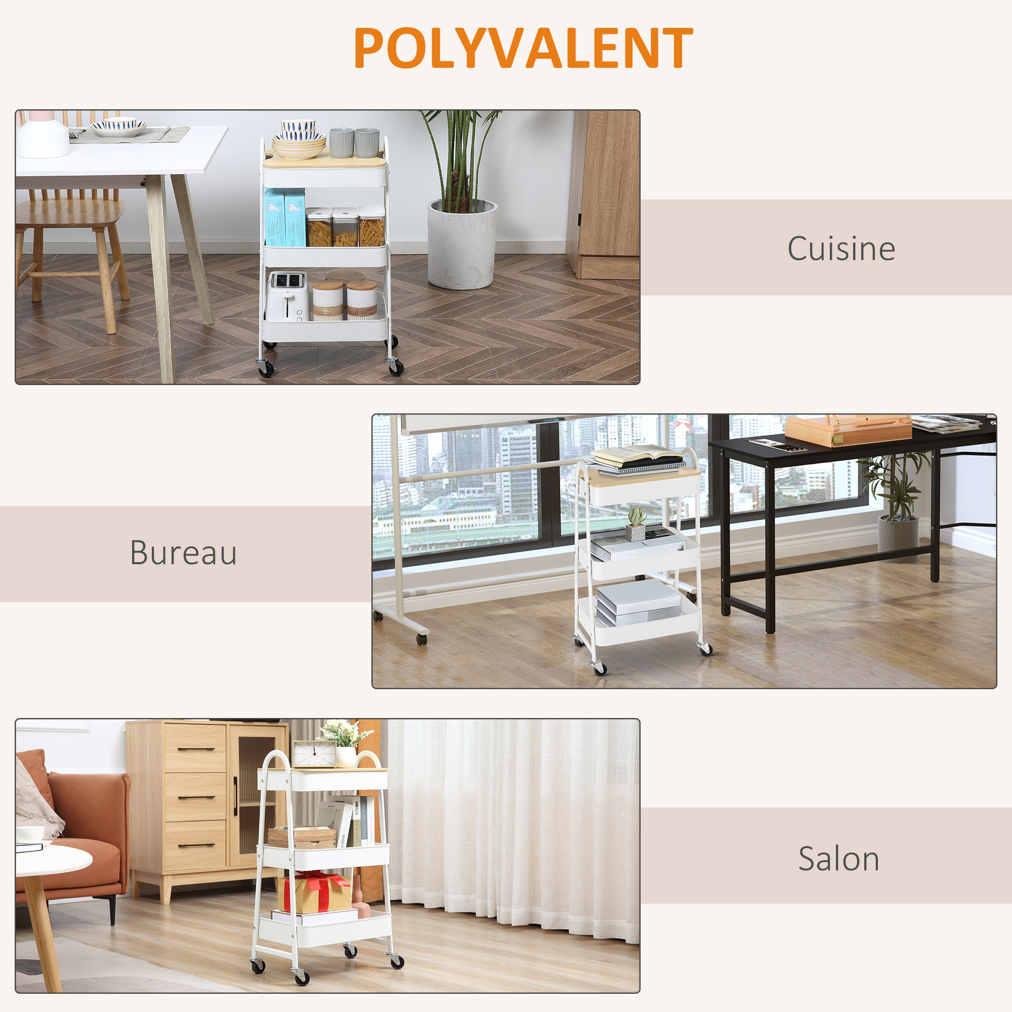 Desserte de cuisine chariot de service design industriel 3 étagères plateau amovible aspect bois clair acier blanc
