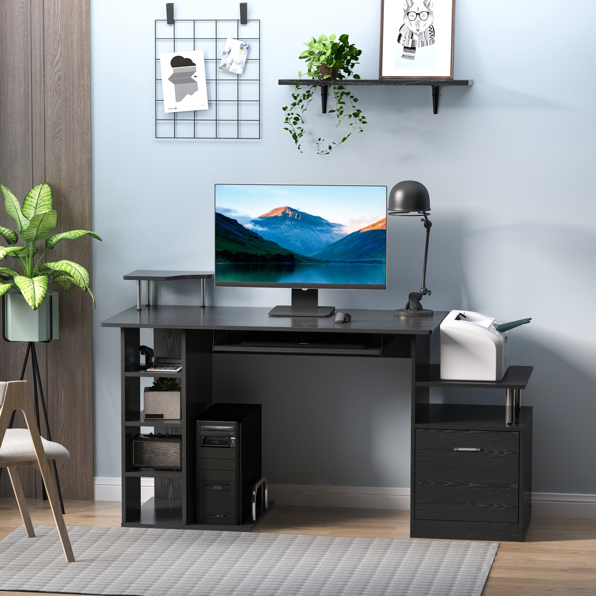 Mesa de Ordenador Mesa de Escritorio con 6 Estantes Cajón Bandeja de Teclado y Soportes para Monitor Impresora para Oficina Estudio 152x60x88 cm Negro