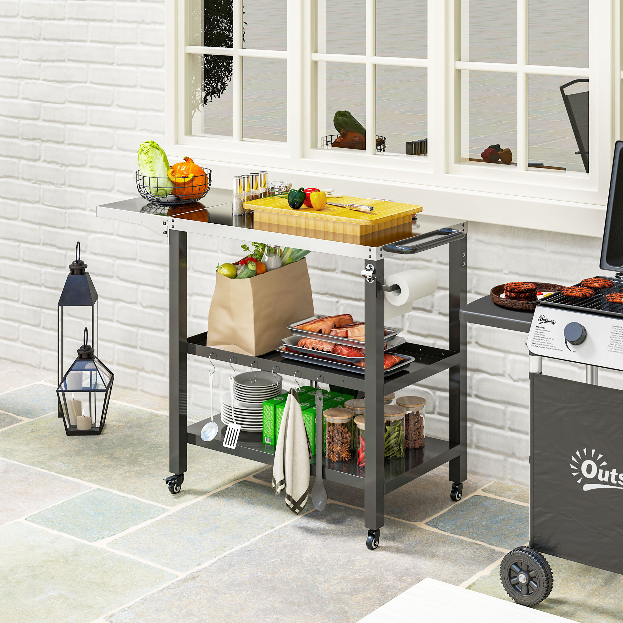 Carrito de Parrilla de 3 Niveles Carrito de Barbacoa Carro de Servicio con Ruedas Estantes Encimera de Acero Inoxidable Lateral Plegable y Asa Mesa de Horno de Pizza para Jardín Patio Negro