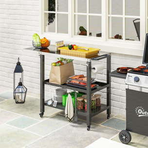 Carrito de Parrilla de 3 Niveles Carrito de Barbacoa Carro de Servicio con Ruedas Estantes Encimera de Acero Inoxidable Lateral Plegable y Asa Mesa de Horno de Pizza para Jardín Patio Negro