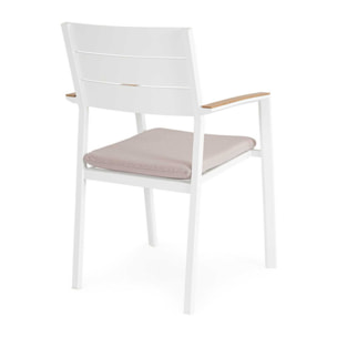 Set 4 sedie da giardino ZELMAR con cuscino tortora, braccioli effetto legno e struttura in alluminio bianco