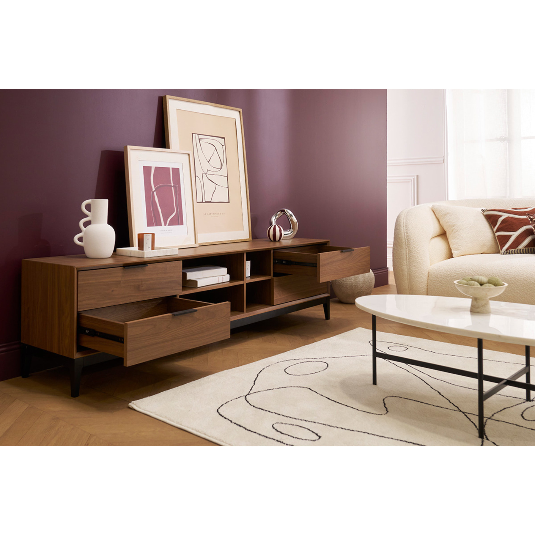 Meuble TV vintage finition bois foncé noyer et métal noir avec rangements L180 cm SARTO