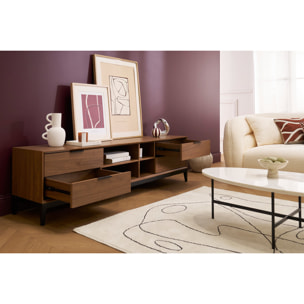 Meuble TV vintage finition bois foncé noyer et métal noir avec rangements L180 cm SARTO