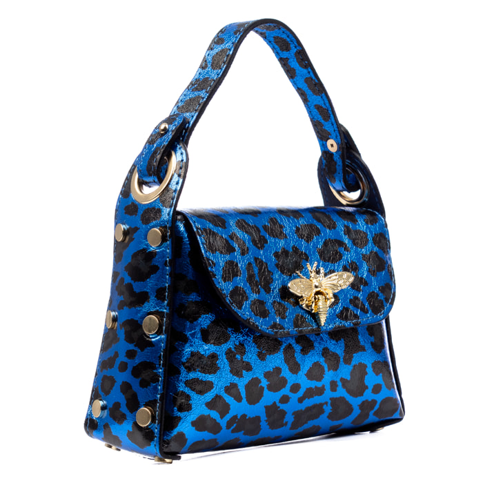 Aquileia bolso de mano mujer. Piel auténtica Gamuza con estampado animal print leopardo lacada brillante.