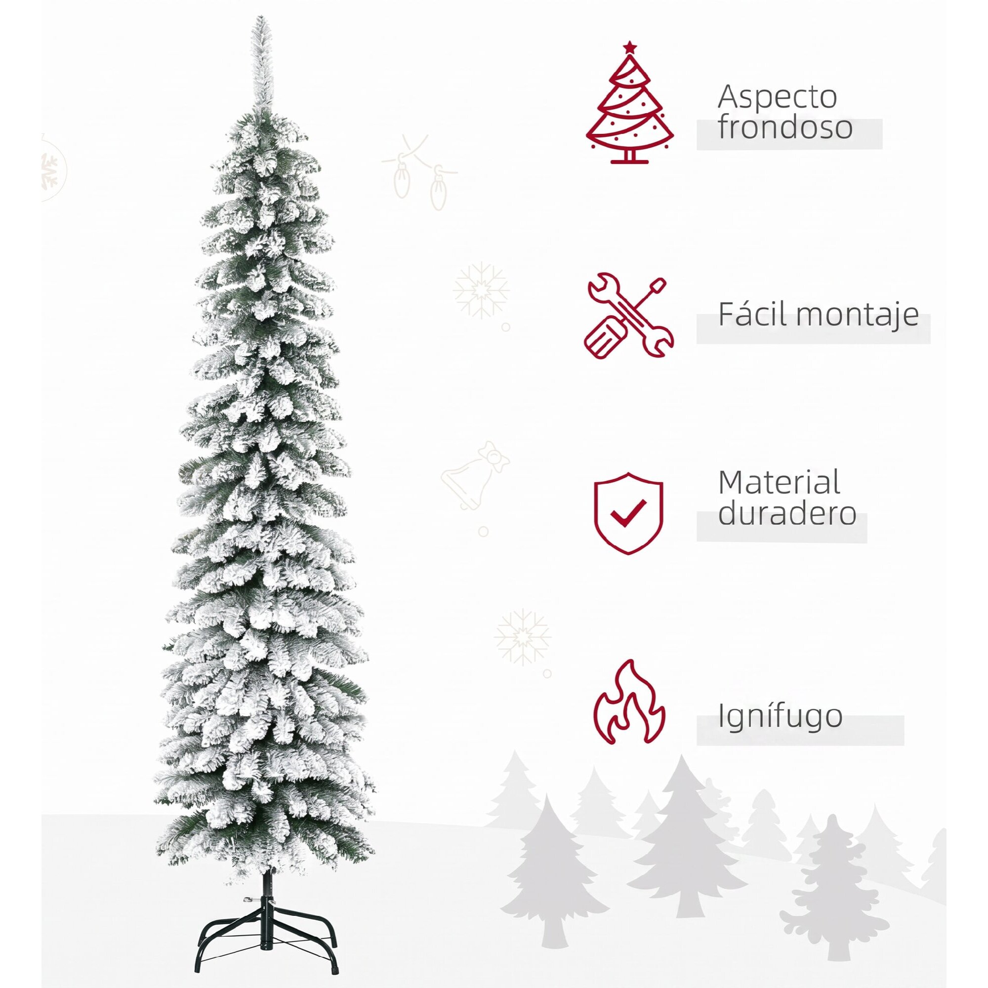 Árbol de Navidad Estrecho 180 cm, Árbol de Navidad Artificial Nevado con 395 Ramas y Soporte de Metal Plegable, Decoración Navideña para Salón, Interior, Verde