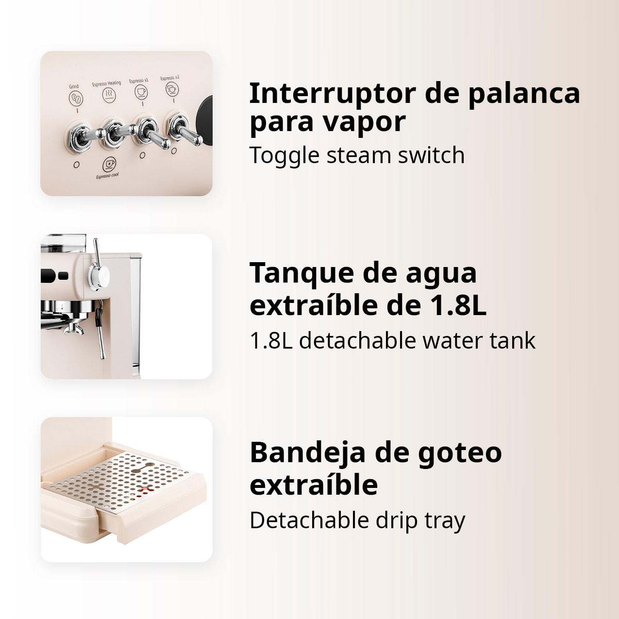 Cafetera de 1350W con 20 niveles de molido, extracción dual para café caliente y frío, vapor potente, tanque 1,8L y 20bar.