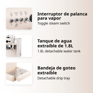Cafetera de 1350W con 20 niveles de molido, extracción dual para café caliente y frío, vapor potente, tanque 1,8L y 20bar.