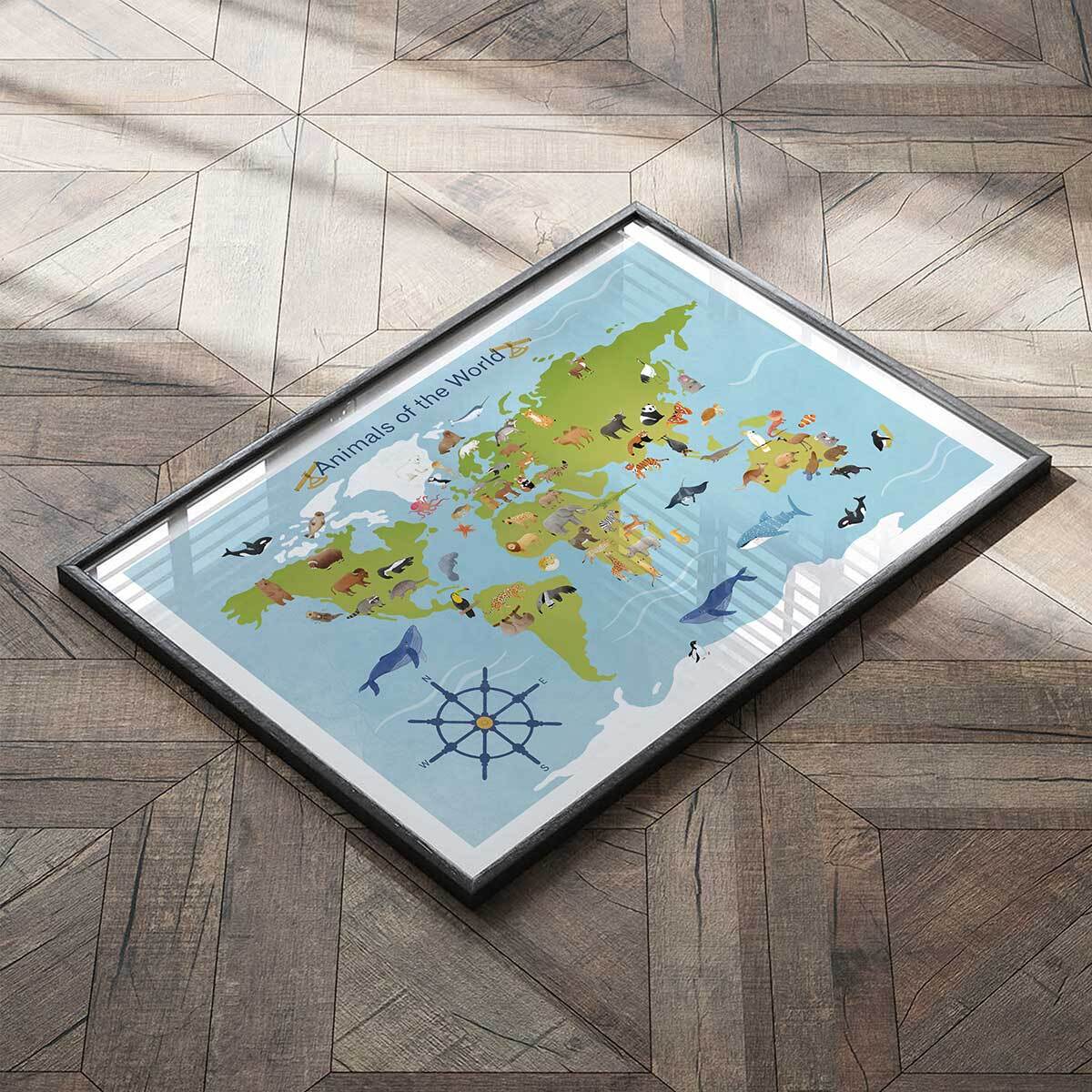 Affiche enfant animaux du monde  Affiche + cadre en bois - Noir