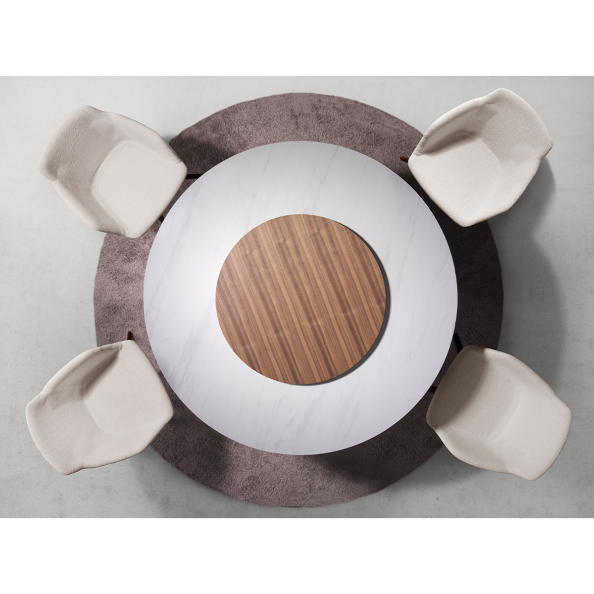 Mesa comedor Angel Cerdá redonda con tapa fija de mármol porcelánico blanco con vetas en gris en acabado brillo 150x150x75cm