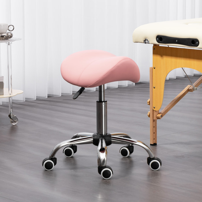 Tabouret de massage tabouret selle ergonomique pivotant 360° hauteur réglable revêtement synthétique rose chromé