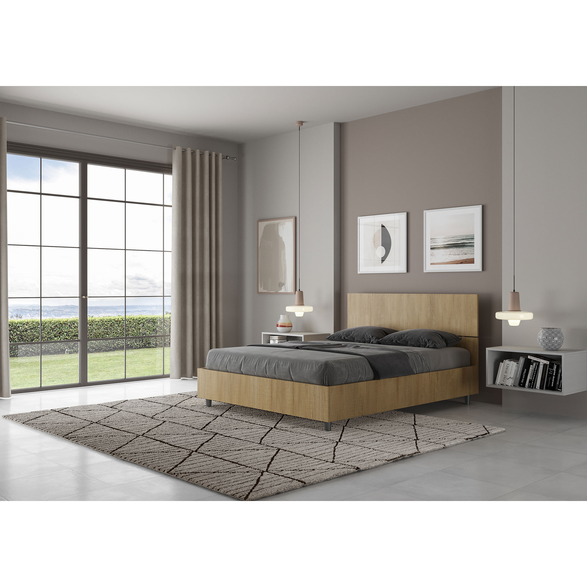 Cama doble con somier 140x200 con cabecera recta roble natural Demas