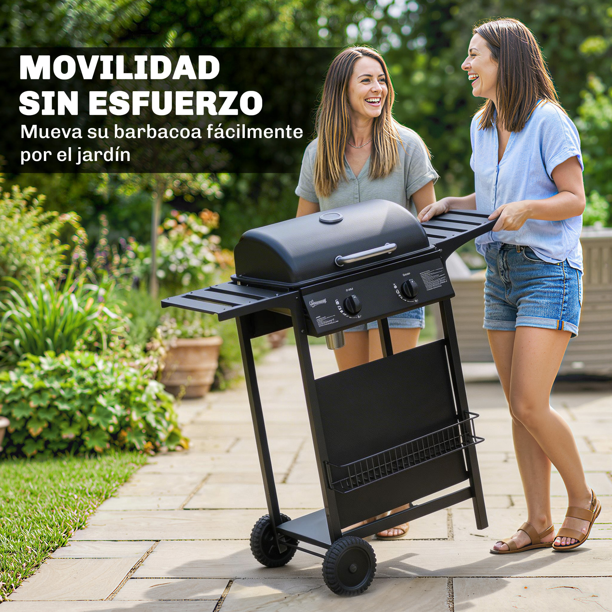 Barbacoa de Gas BBQ Gas con 2 Quemadores 5 kW, Barbacoa Portátil con Termómetro, Mesas Laterales, Estante, Rejilla Calentadora, Encendido Piezoeléctrico, Bandeja de Grasa y 2 Ruedas, Negro