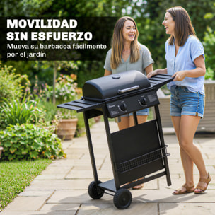 Barbacoa de Gas BBQ Gas con 2 Quemadores 5 kW, Barbacoa Portátil con Termómetro, Mesas Laterales, Estante, Rejilla Calentadora, Encendido Piezoeléctrico, Bandeja de Grasa y 2 Ruedas, Negro