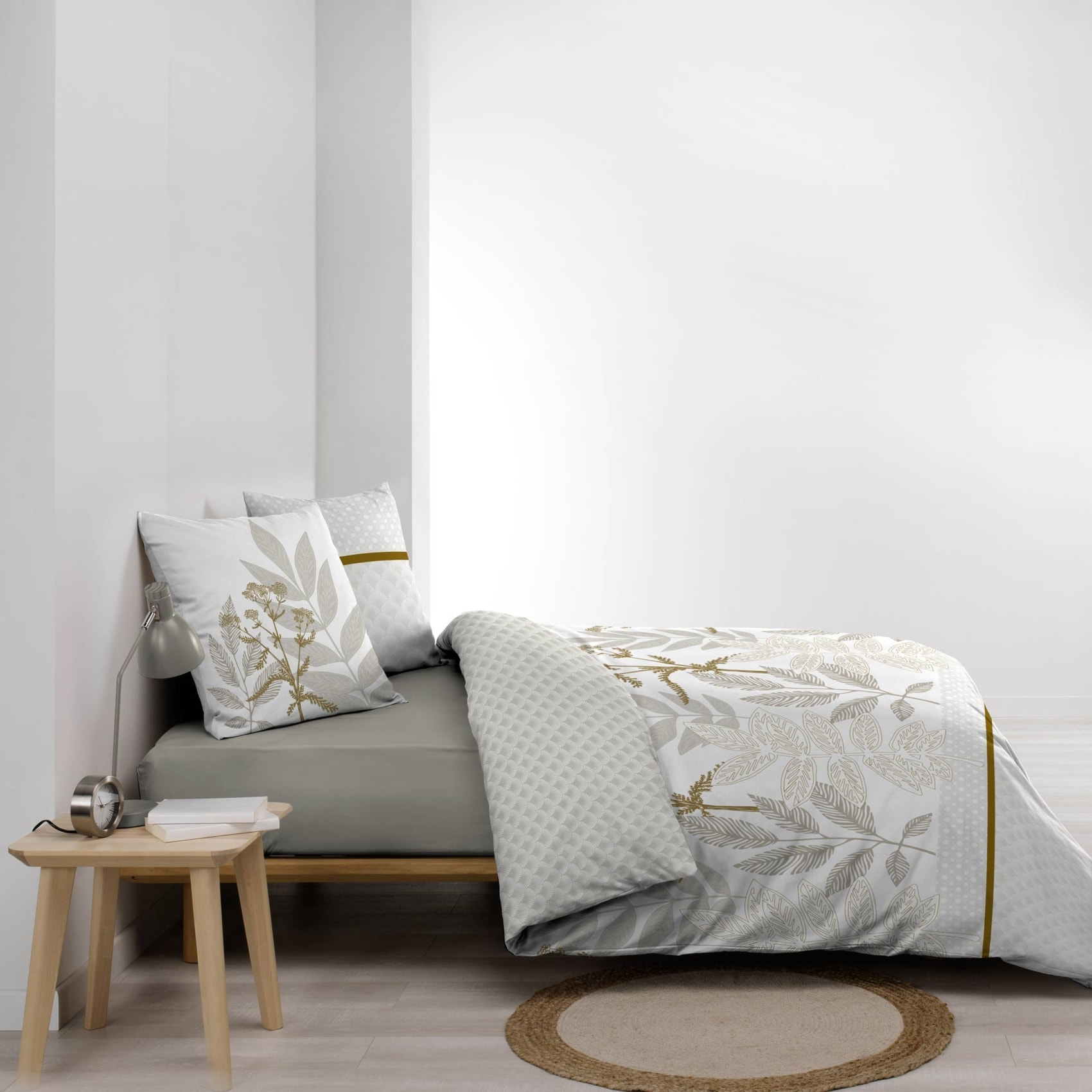 Parure de lit coton motif feuillage double face imprimée - Naturel