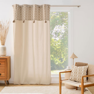 Rideau tamisant à œillets en polycoton avec jacquard et pompons - Naturel