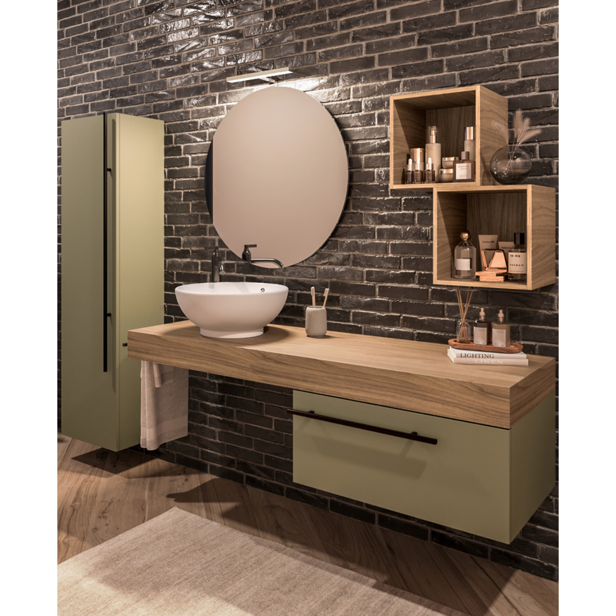 MOBILE DA BAGNO RIFLESSO 140 PORO NOCE VERDE SALVIA - 9 PEZZI