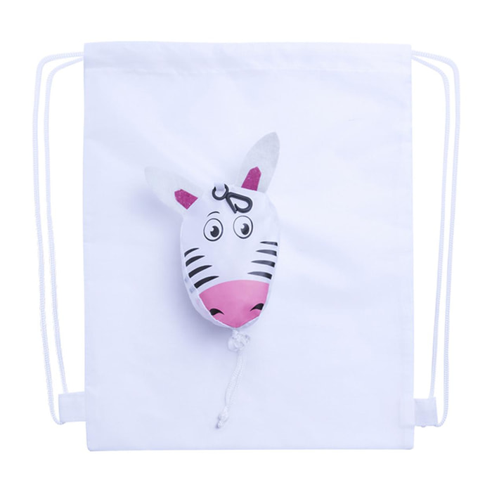 Zaino pieghevole con coulisse Kissa per bambino, in poliestere 190T. Piccola piegata a forma di zebra.