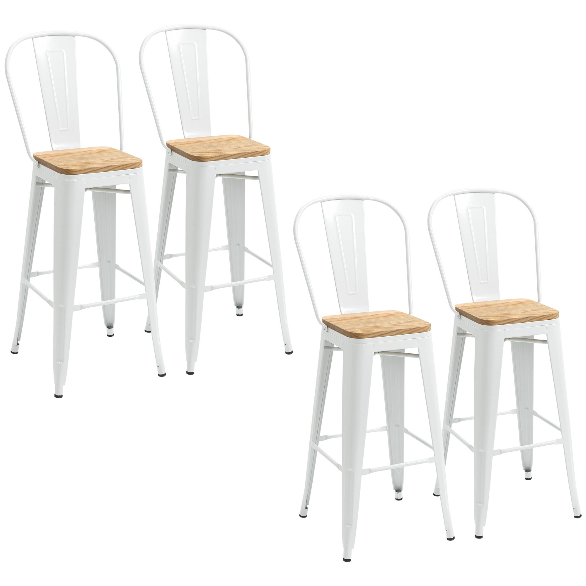 Juego de 4 Taburetes Altos de Cocina Apilables con Respaldo Alto Taburetes de Bar con Reposapiés Asiento de Madera y Marco de Acero Carga 120 kg 44x53x116 cm Blanco