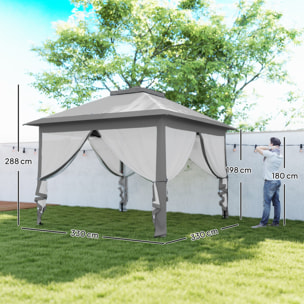 Carpa Plegable 3,3x3,3 m Pop-up, Cenador de Jardín con Altura Ajustable 3 Niveles, Doble Techo, 4 Mosquiteras Extraíbles y Bolsa Transporte, Impermeable, Anti-UV para Exterior, Gris