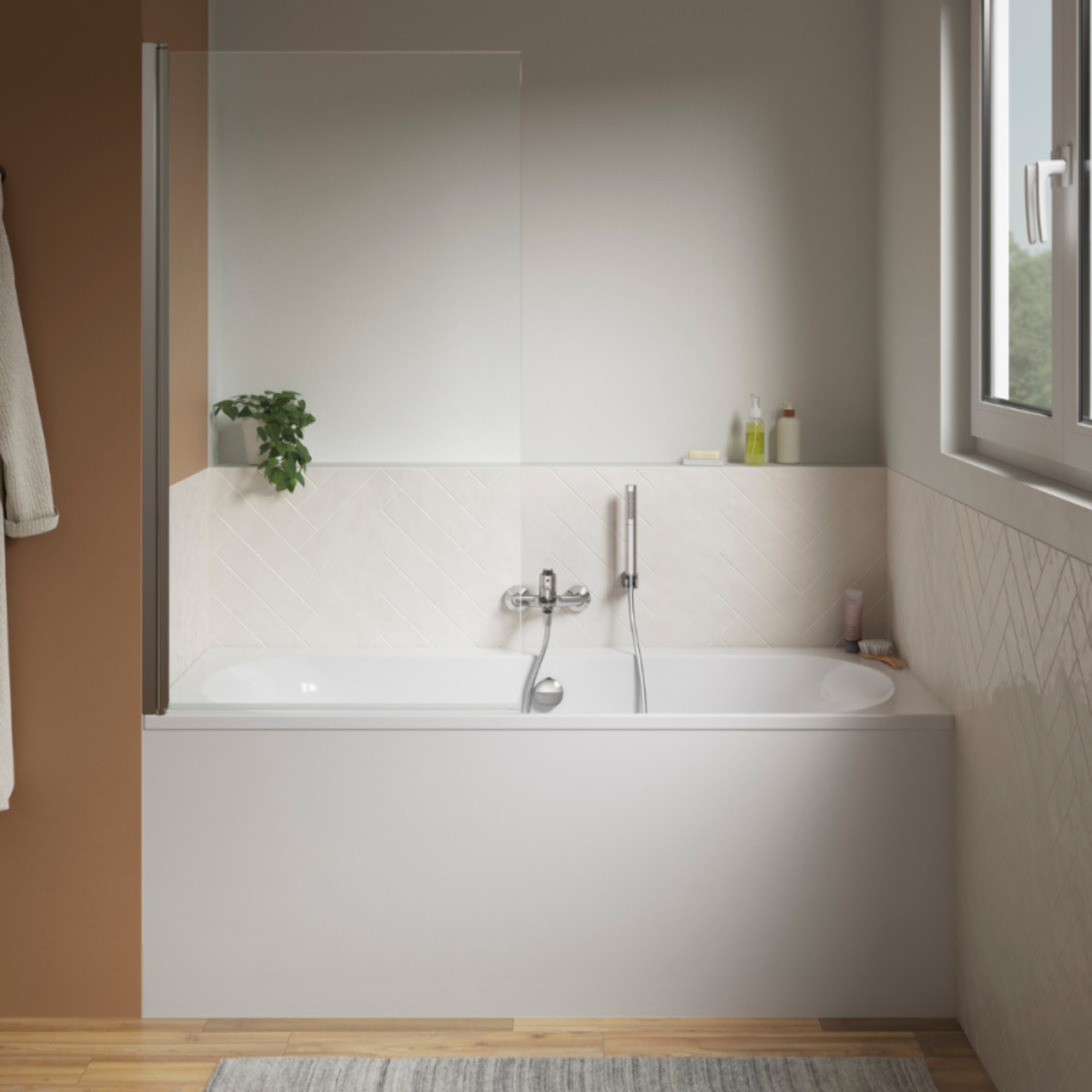 Pack baignoire 180 x 80 Elise + tablier niche + mitigeur bain douche mural Aimé chromé + pare bain chromé + vidage