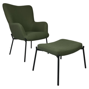 Fauteuil en tissu boucle vert kaki avec repose-pieds EIRA