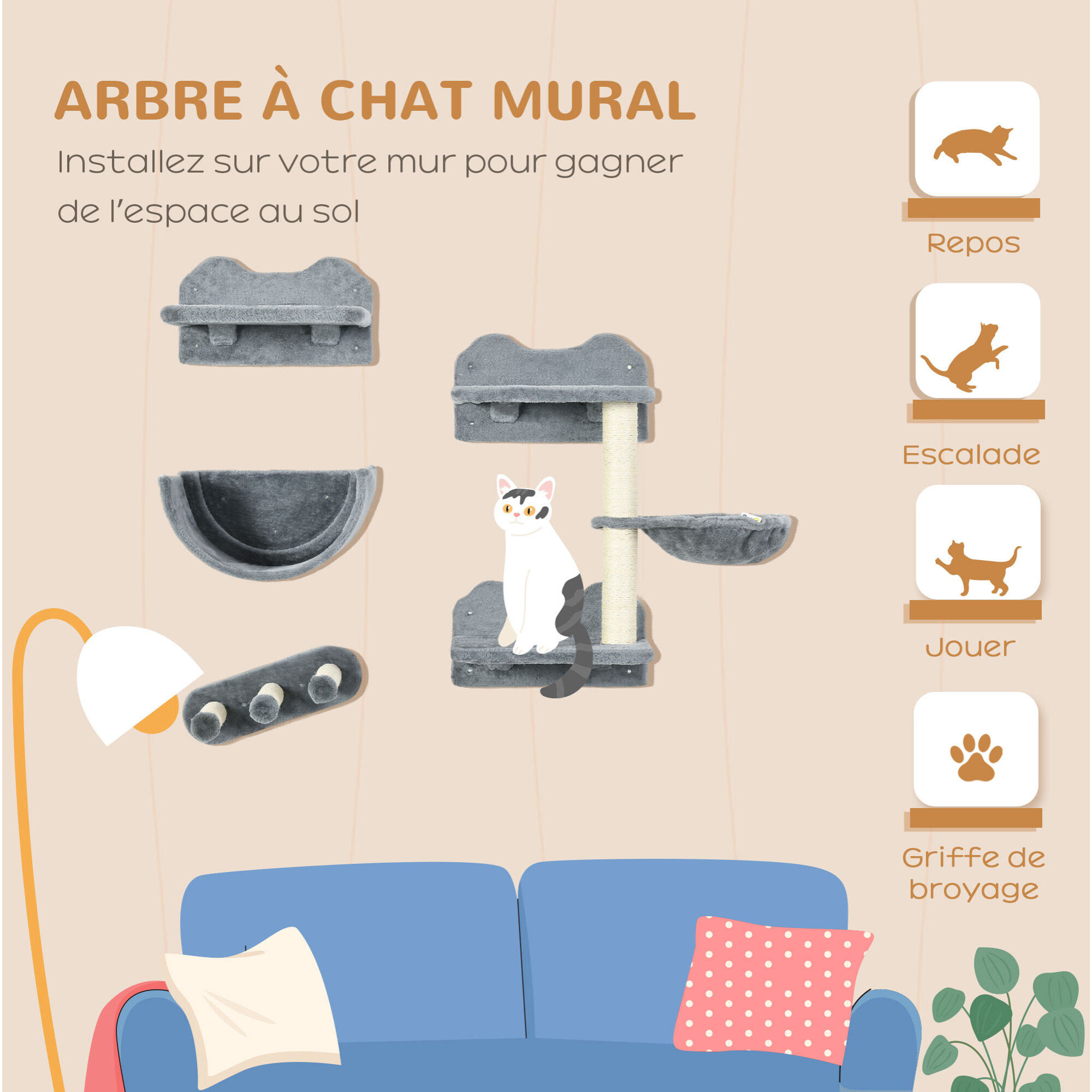 Mur d'escalade pour chat - arbre à chat design mural - griffoirs, plateformes, 2 paniers, échelle - sisal peluche gris