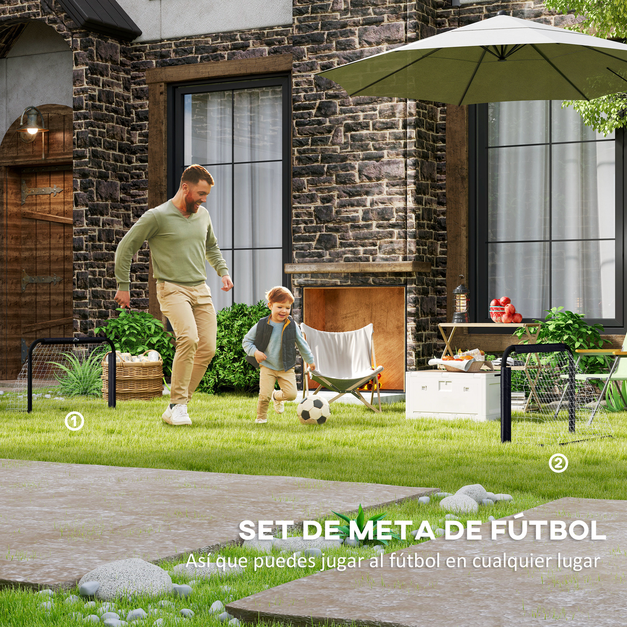 Set de 2 Porterías Plegables de Fútbol Puertas de Fútbol Portátil con Soporte de Metal y Red para Entrenamiento en Jardín Aire Libre 90x36x60 cm Negro