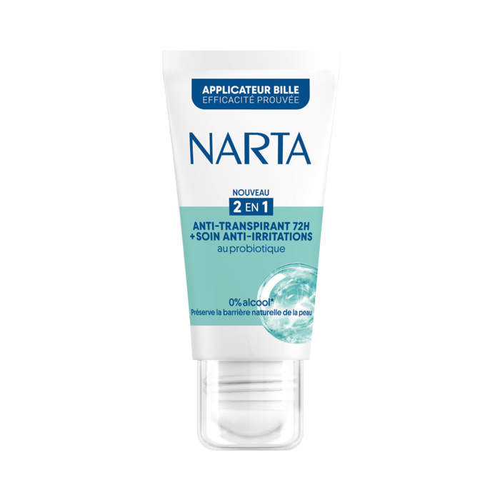 Narta Tube Roll-On 2-en-1 Anti-Transpirant 72H + Soin au Probiotique Anti-Irritations 50 ml