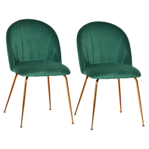 Lot de 2 chaises style art-déco dossier strié arrondi piètement métal doré incliné effilé velours vert sapin