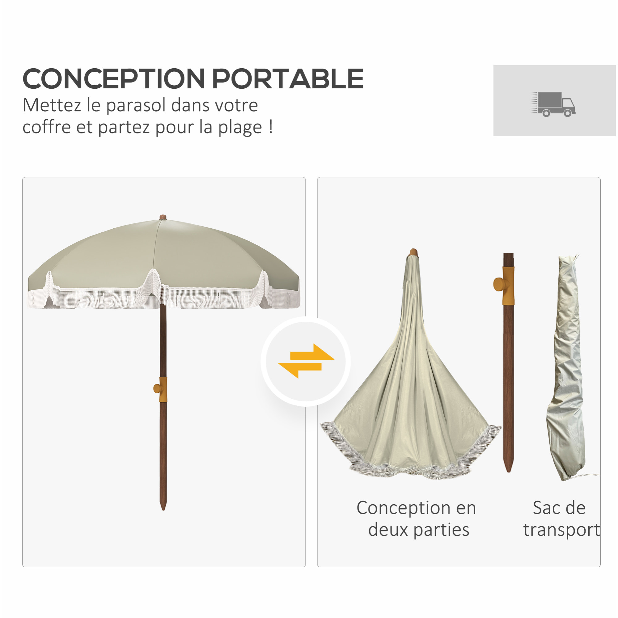 Parasol droit de plage jardin style bohème à franges UV40+ vert