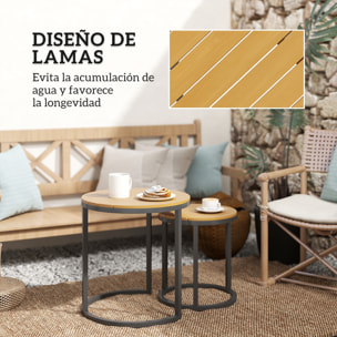 Juego de 2 Mesas de Jardín con Encimera de Madera de Acaica Diseño Listones Mesas Auxiliares de Jardín Nido con Marco de Acero y Pies Ajustables para Balcón Terraza Patio Teca y Negro
