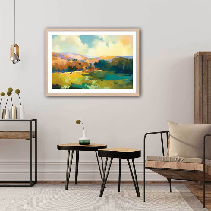 Affiche Soleil de midi sur la vallée Affiche + cadre en bois - Chêne