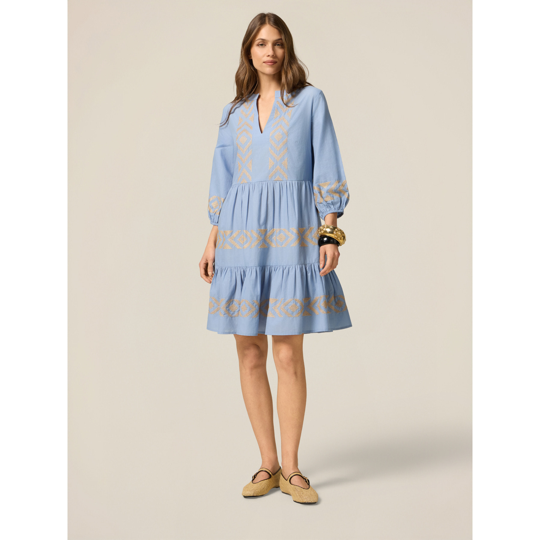 Oltre - Vestito flare in cotone con ricami - Azzurro