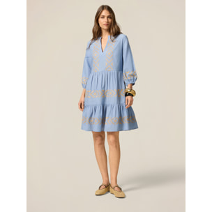 Oltre - Vestito flare in cotone con ricami - Azzurro