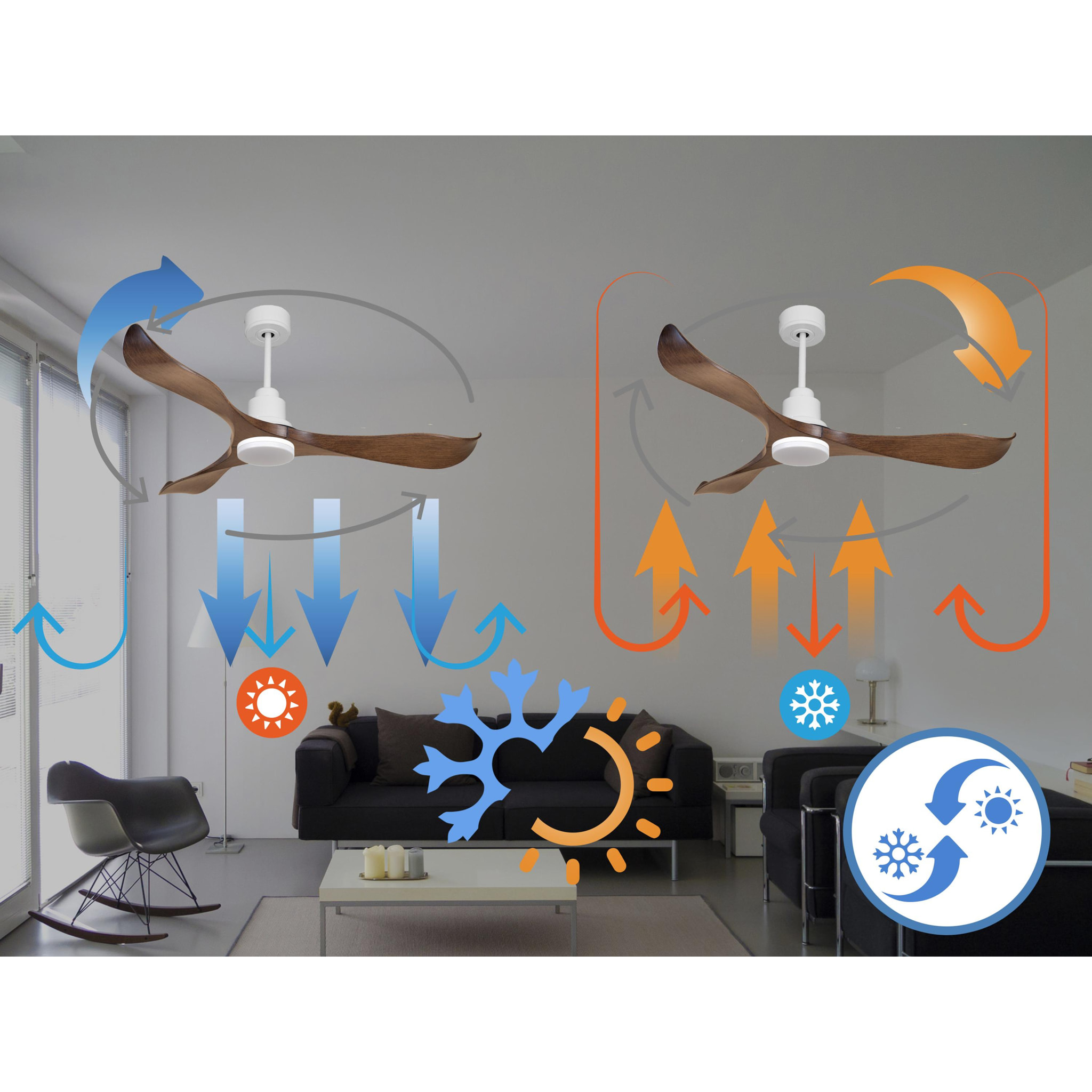 Ventilateur de plafond Réversible  Thermostat Dimmable Wifi Moteur à courant continu Toits en pente Télécommande Lumière à trois tons Adaptateur 2/3 Lames