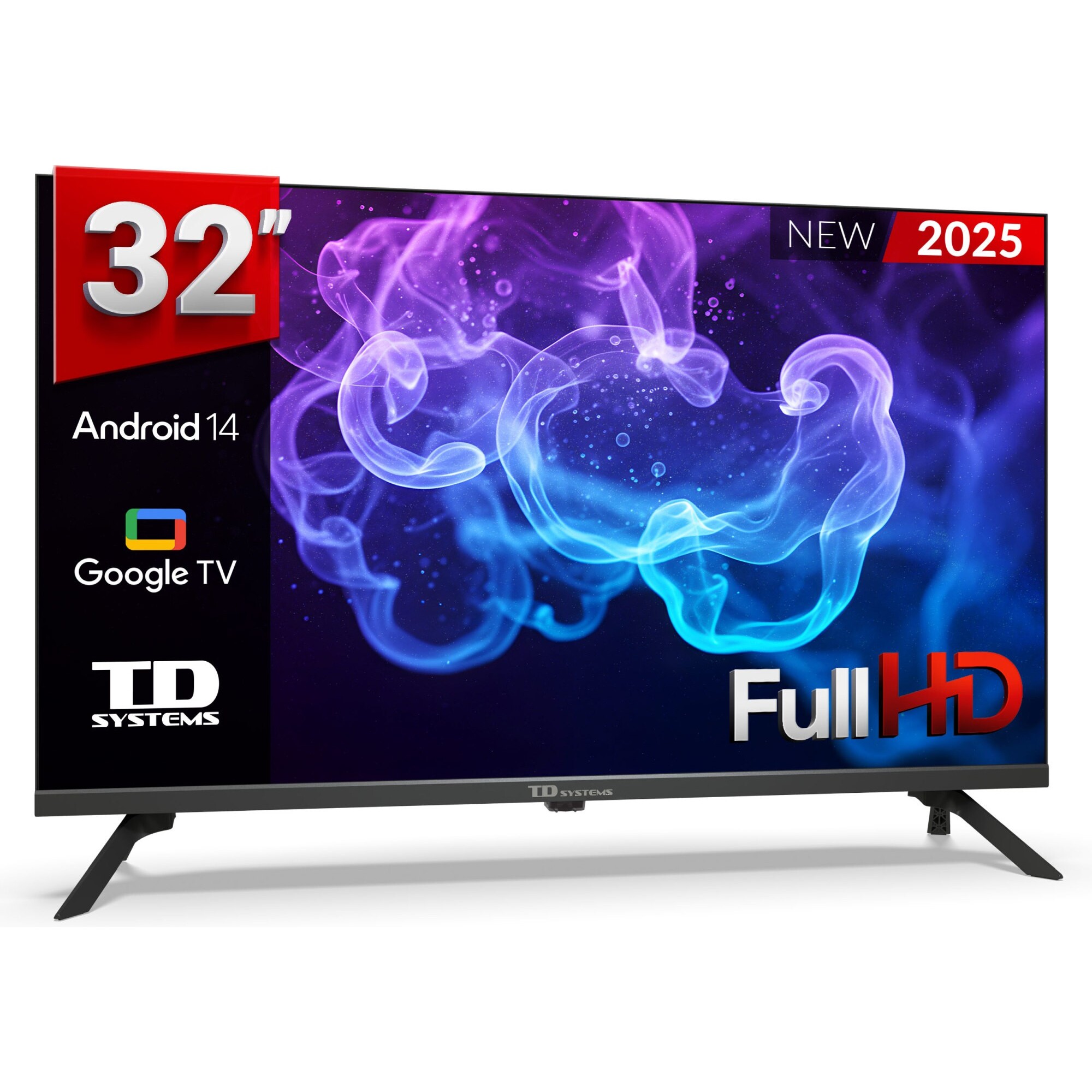 Smart TV 32 pulgadas Full HD Hey Google Official Assistant con control por voz. Televisor Android 14 - TD Systems M32K21FGLE