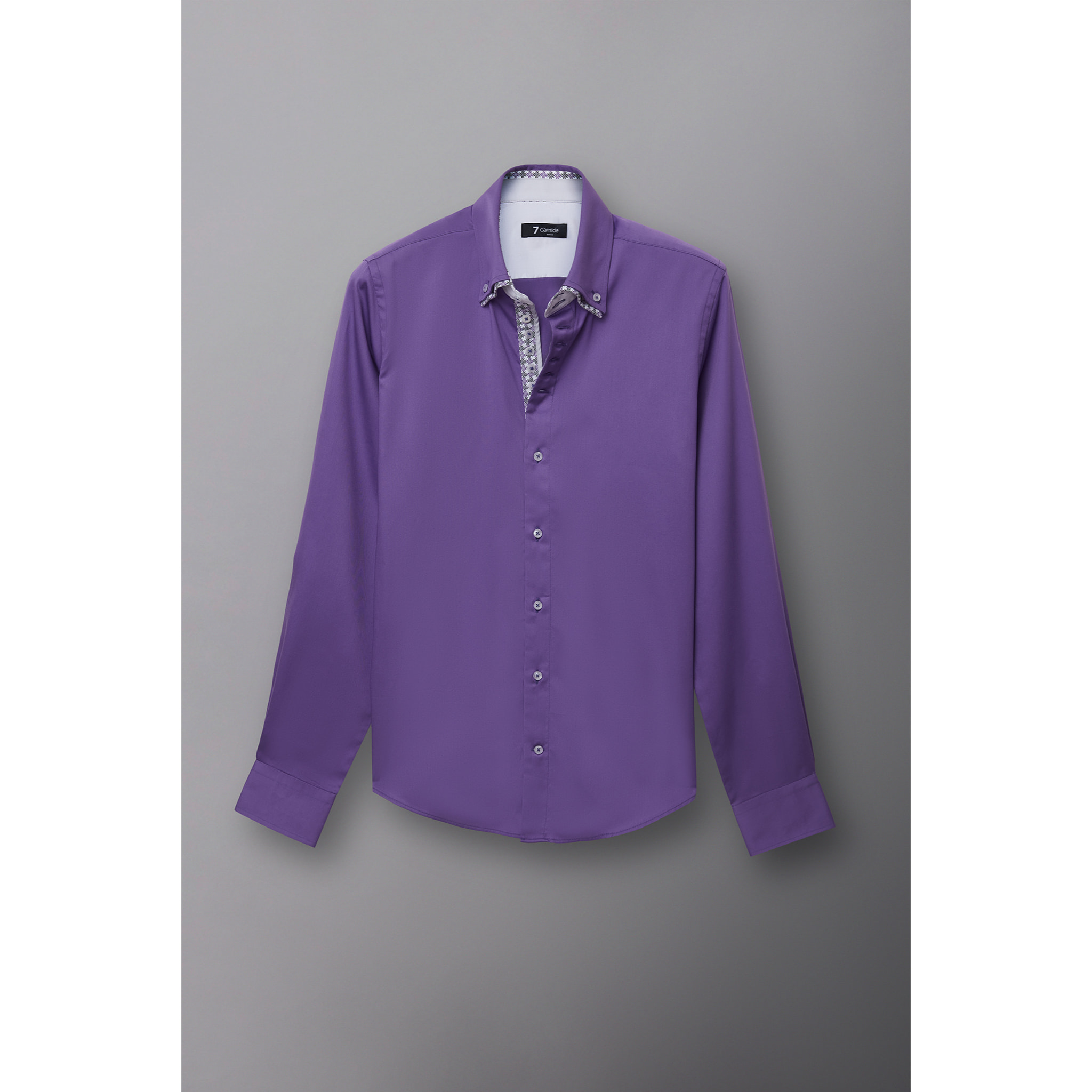 Camicia Uomo 2 Bottoni Button Down 7bottoni Doppio Coll Satin Unito Viola