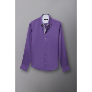 Camicia Uomo 2 Bottoni Button Down 7bottoni Doppio Coll Satin Unito Viola