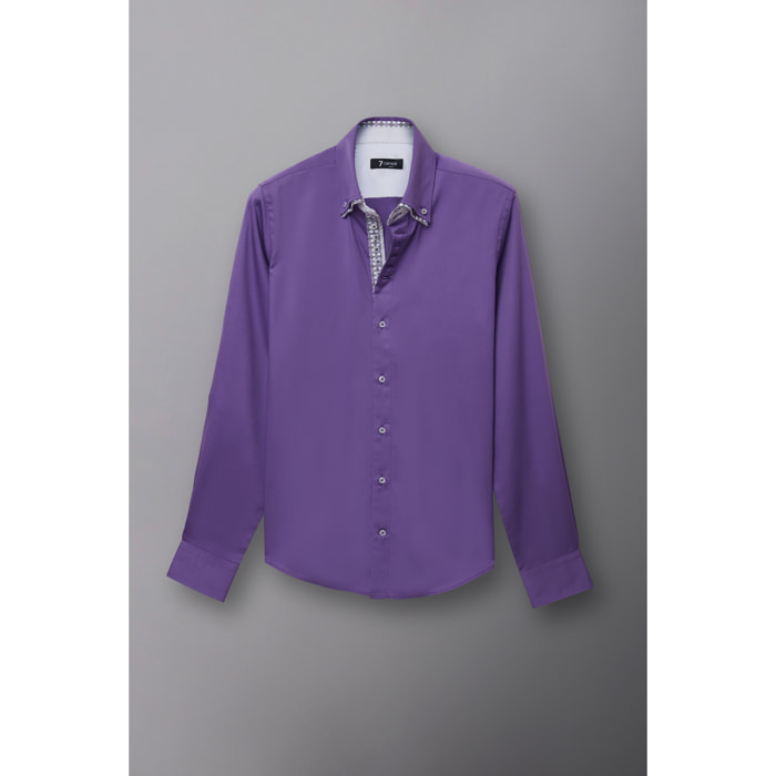 Camicia Uomo 2 Bottoni Button Down 7bottoni Doppio Coll Satin Unito Viola