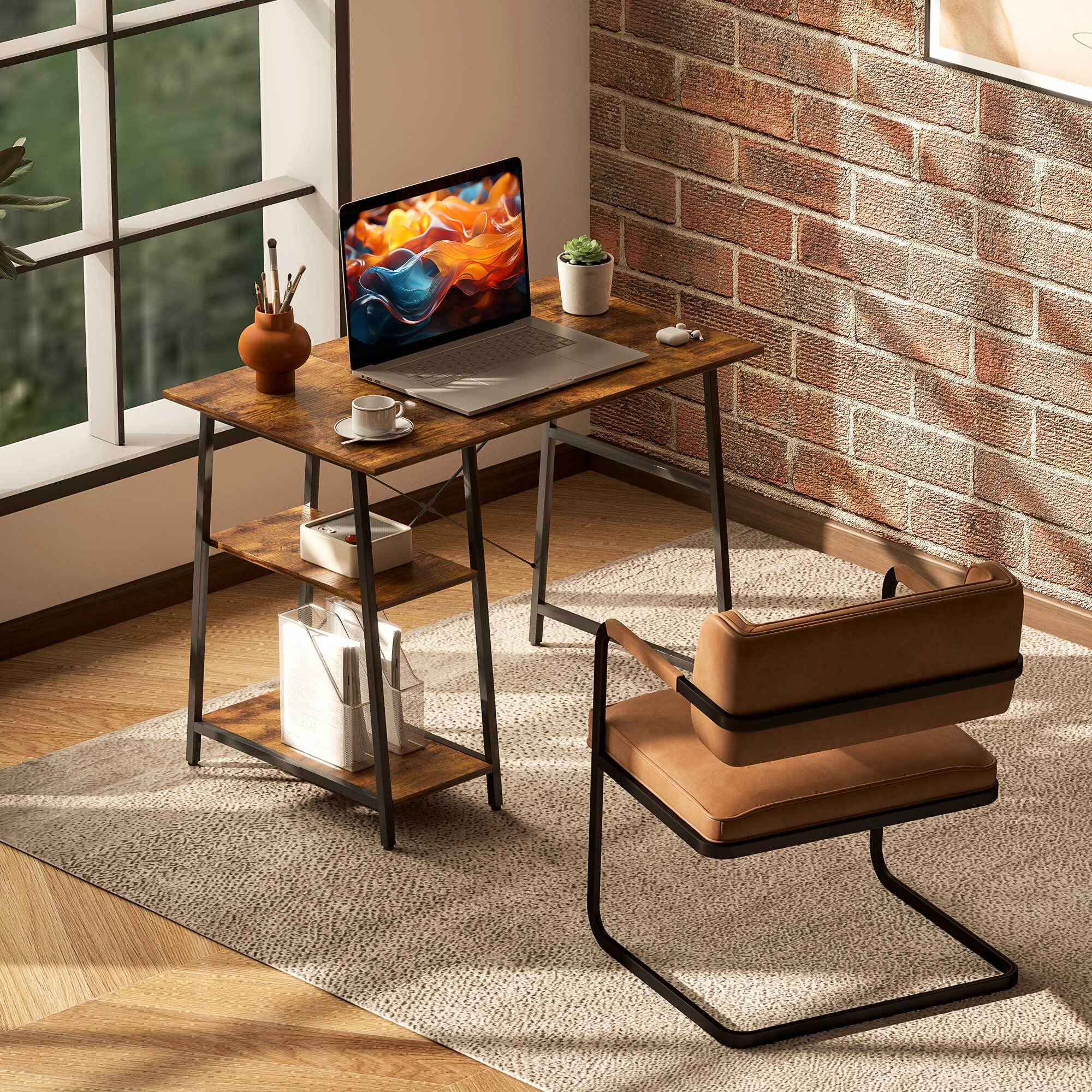 Bureau style industriel 2 étagères dim. 120 x 60 cm châssis métal noir effet bois vieilli