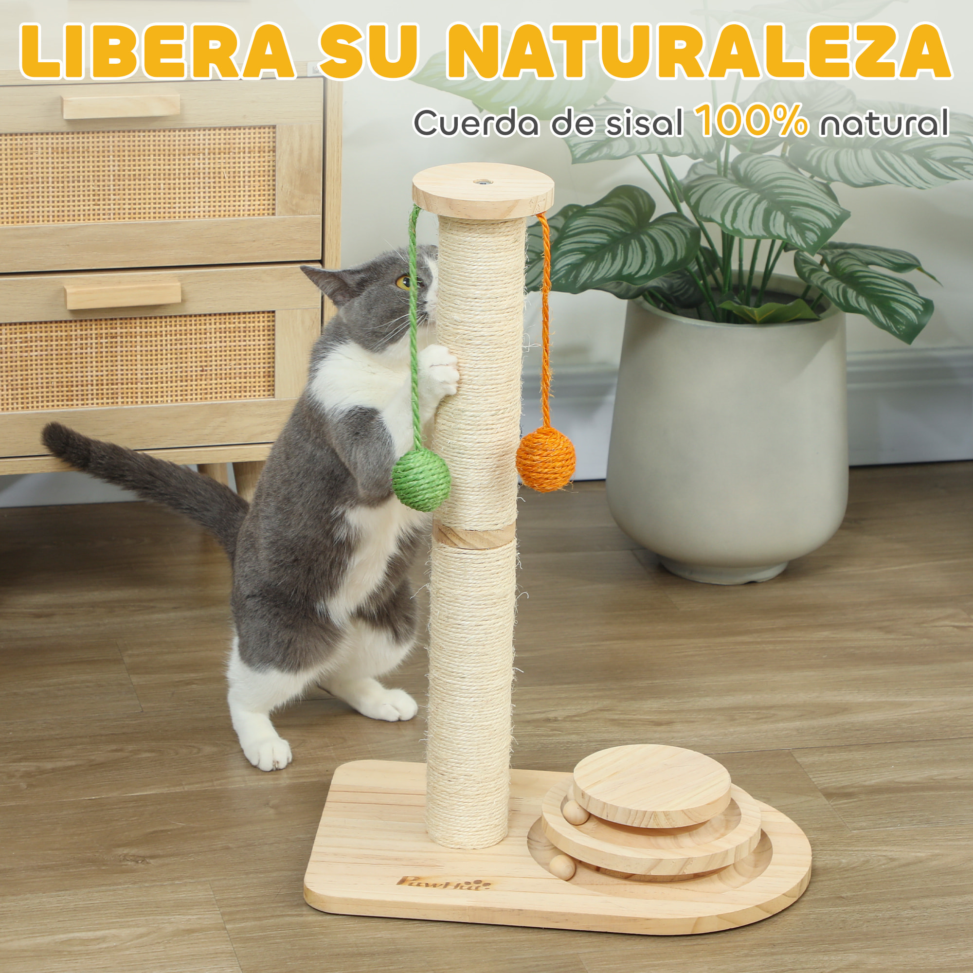 Poste Rascador para Gatos Altura 56,5 cm, Rascador para Gatos con 3 Bolas Colgantes, Juguete de Pelota de Pista y Poste de Sisal, Madera Natural