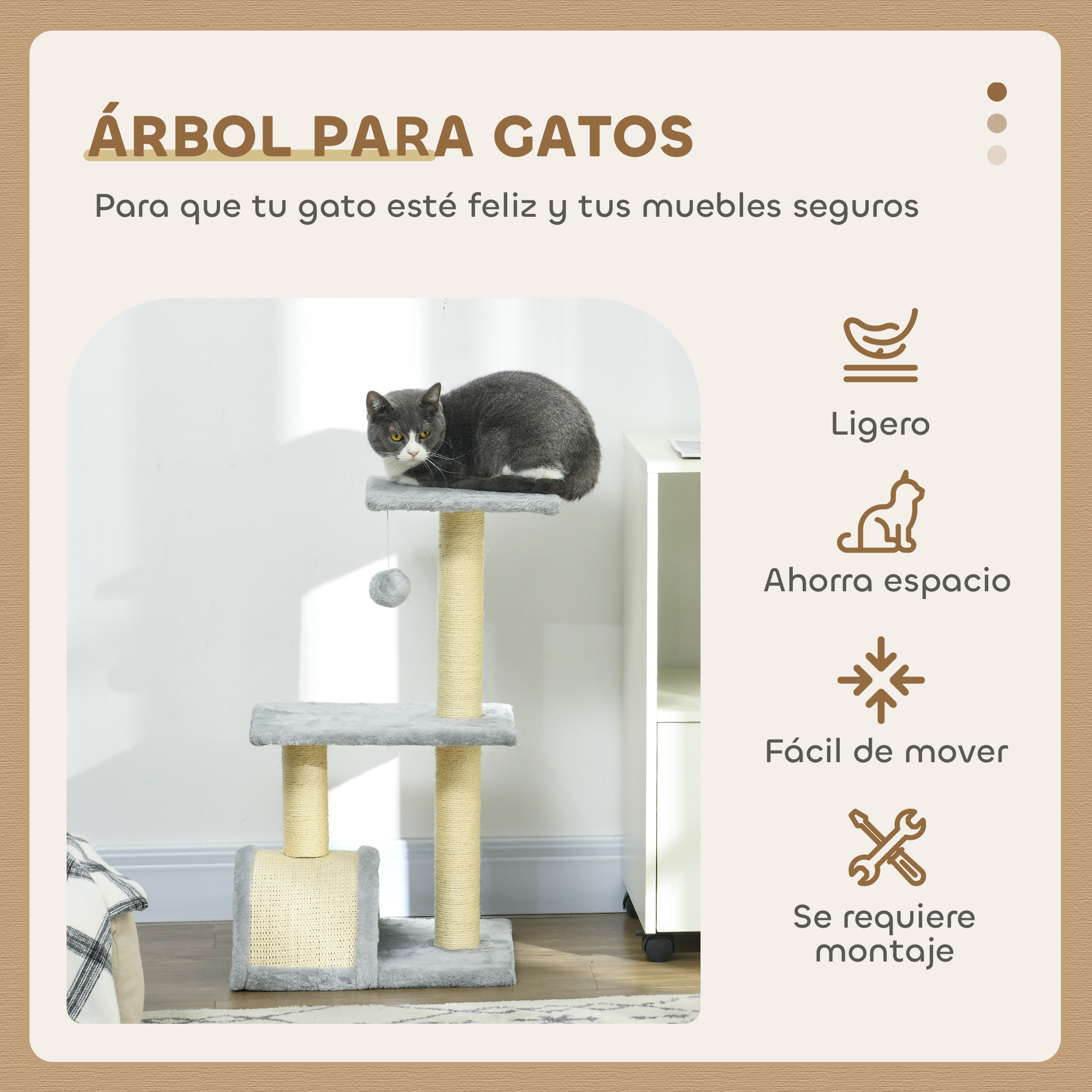 Árbol Rascador para Gatos Mediano, Árbol para Gatos de 3 Niveles con Alfombra Rascadora en Arco, 2 Plataformas, Postes de Sisal y Bola Colgante, Gris Claro