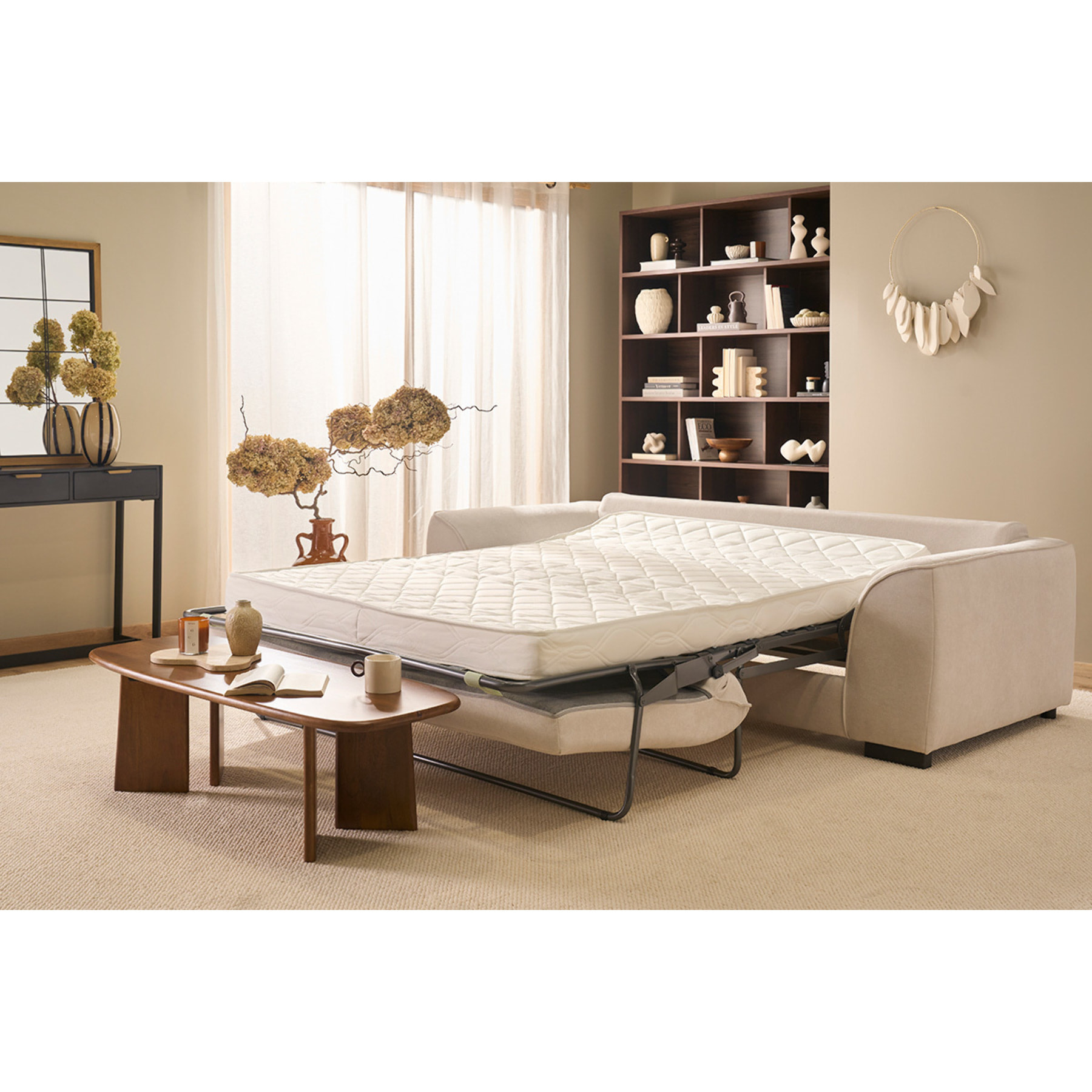 Canapé convertible 3 places en tissu effet velours beige avec matelas 12 cm ARMAND